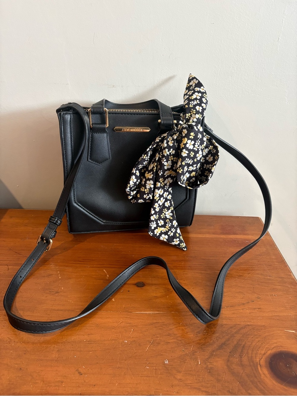 Steve Madden Black Crossbody with Floral Scarf Accent